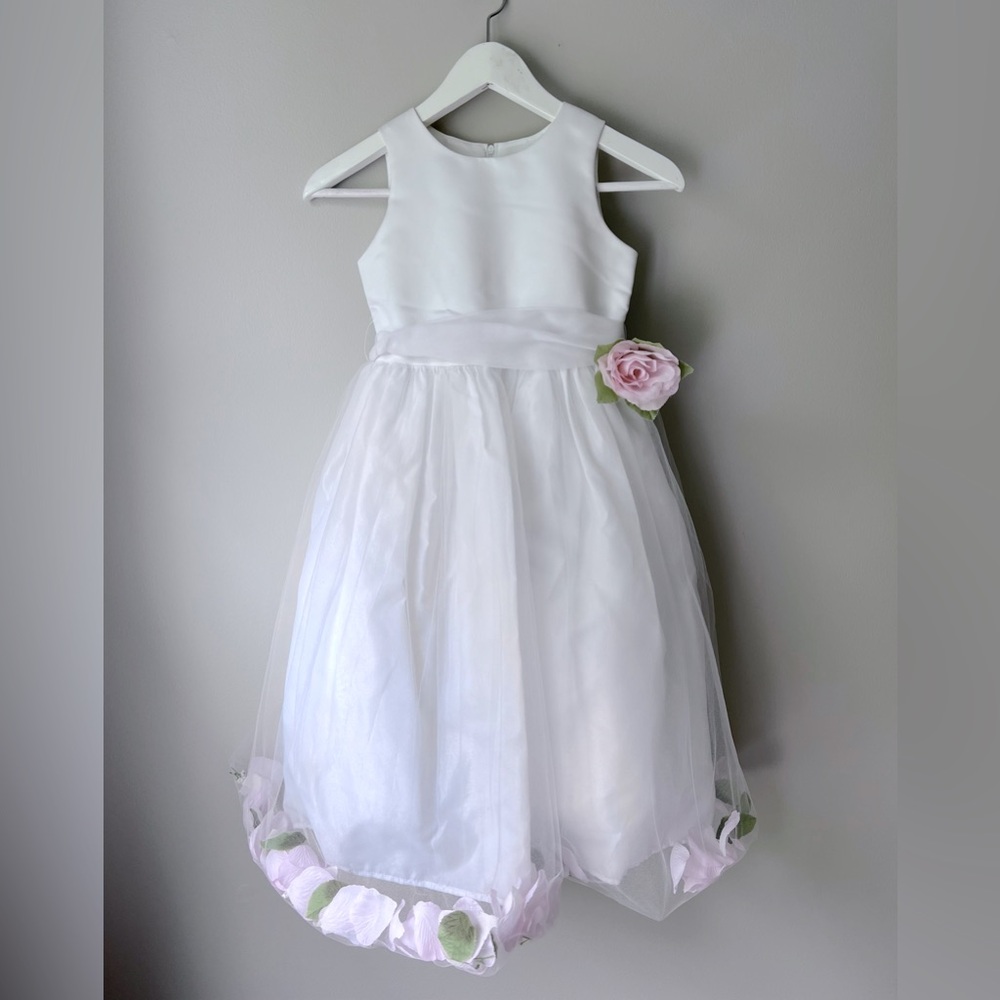 US Angels White Satin Pink Flower Girl Tulle Petal Party Formal Dress 6X 6